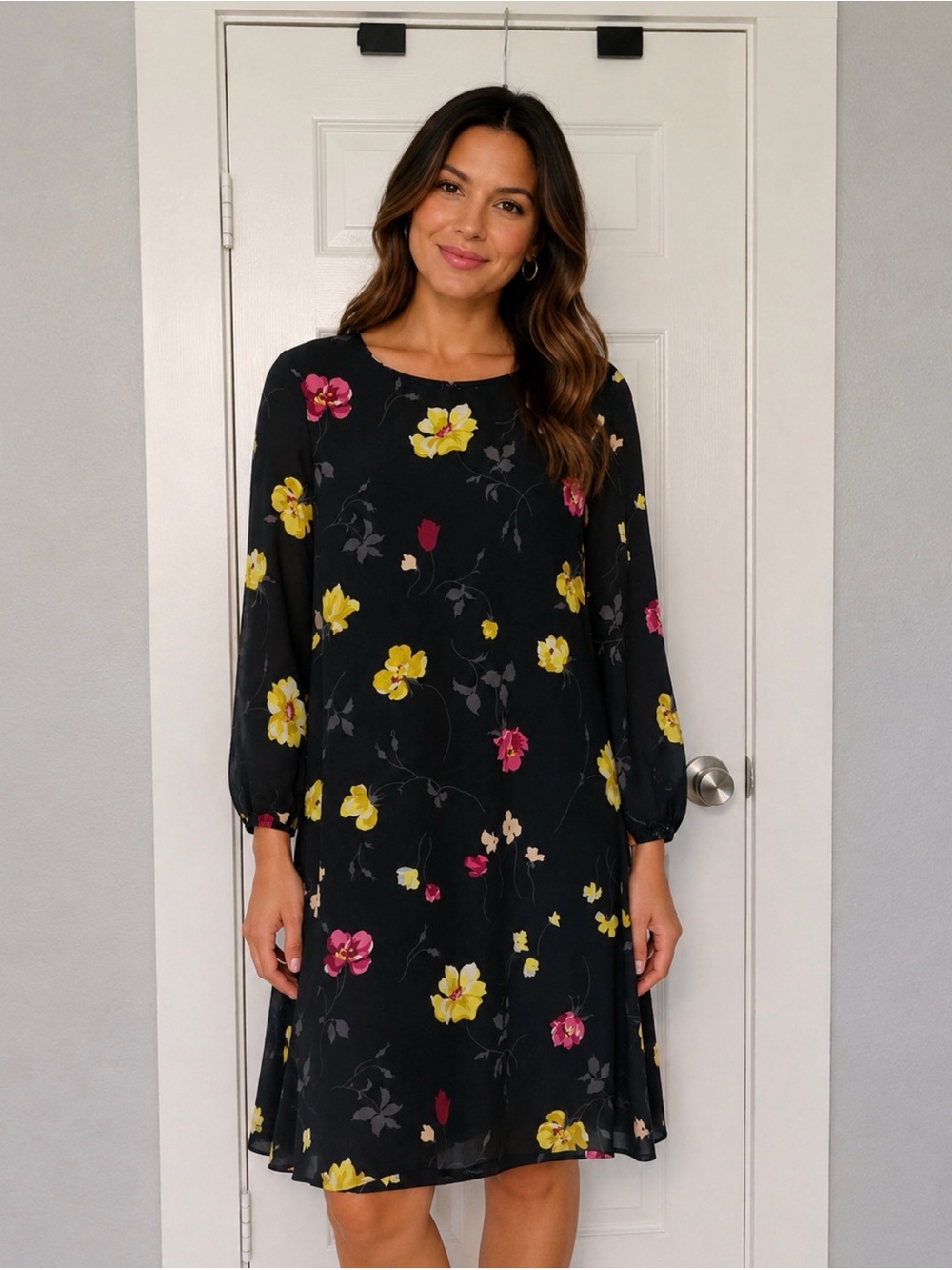 Ann Taylor Black Long-Sleeve Floral Swing Dress